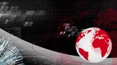 Animation of rotating globe, bokeh, flying particles and programming language over black background. Digitally generated, hologram, globalization, motion blurred, coding and technology concept.