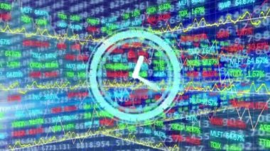 Hisse senedi borsası verileri üzerinde mavi arka planla çalışan neon saatin animasyonu. Küresel ekonomi ve iş teknolojisi kavramı