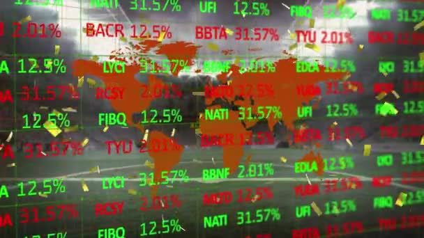 Animation Golden Confetti Stock Market Data Processing World Map Sports — 图库视频影像