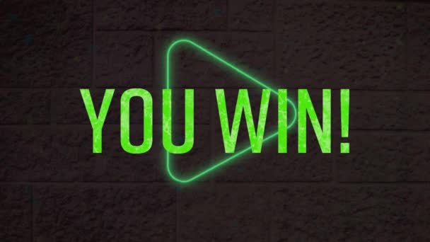 Animation You Win Text Banner Neon Green Play Icon Grey — Αρχείο Βίντεο