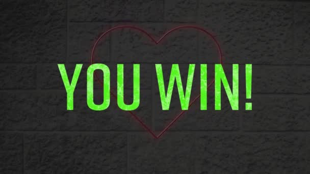 Animation Green You Win Text Banner Neon Red Heart Icon — ストック動画
