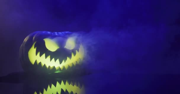 Video Halloween Carved Pumpkin Smoke Blue Light Black Background Halloween — Video Stock