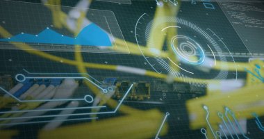 Sunucu odasında veri işleme resmi. küresel teknoloji ve dijital arayüz kavramı dijital olarak oluşturulmuş görüntü.