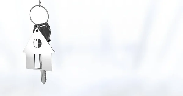 Image Silver House Keys Hanging Blurred Background Copy Space Relocation — Fotografia de Stock