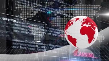 Animation of globe with moving lines and programming language, graphs over dots forming maps. Digitally generated, hologram, globalization, geographic, coding, report, finance and technology concept.