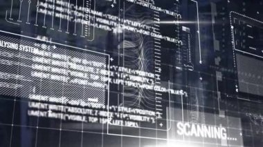 Animation of infographic data with graphs, world map scanning on digital interface. Digital composite, artificial intelligence, global communication, cloud computing, development, technology.