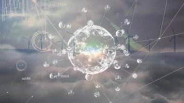 Animation of clouds, connections and globe over wind turbines. Global energy, electricity, renewable resources and eco power concept digitally generated video.