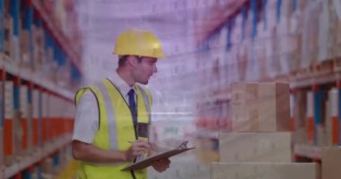 Kafkas erkek depo çalışanı üzerinde titreşen dairelerin canlandırması. Küresel dağıtım hizmetleri, iş ve ekonomi kavramı dijital olarak oluşturulmuş video.