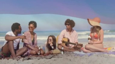 Composite video of waving netherlands flag over group of diverse friends enjoying together at beach. Global tourism and travel concept