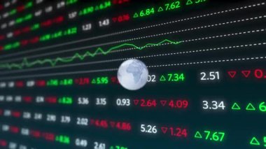 Animation of digital rotating globe over multicolored trading board in background. Digitally generated, hologram, globalization, sphere, stock market, investment and technology concept.