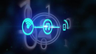 Animation of network of digital icons and profile icons over binary coding against blue background. Computer interface and business technology concept