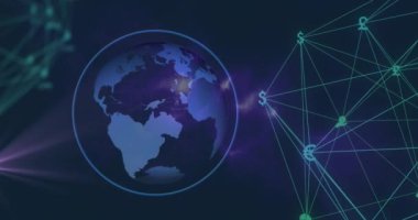 Animation of globe and network of connections with icons on black background. Global technology, connections and digital interface concept digitally generated video.