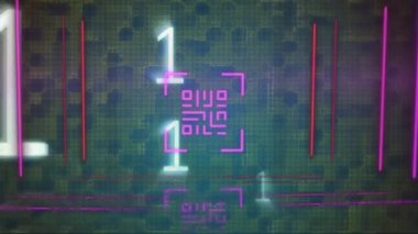 Animation of binary coding over neon qr code scanner against blue background. Cyber security and business technology concept
