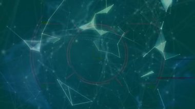 Animation of rotating globe, dots interconnecting and forming geometric shapes over blue background. Digitally generated, multiple exposure, globalization, communication, business, technology concept