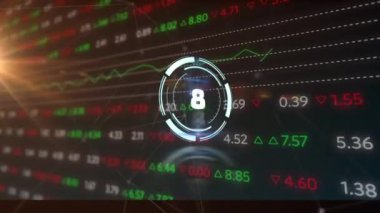 Animation of countdown in circle and lens glare over multicolored trading board. Digitally generated, hologram, timer, geometric shape, investment, business and technology concept.