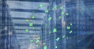 Animation of globe of financial icons, network of connections and data processing over server room. Global finance and business data storage technology concept