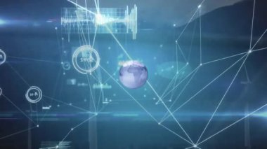 Animation of lights, connections and globe over wind turbines. Global energy, electricity, renewable resources and eco power concept digitally generated video.