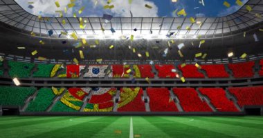 Animation of falling golden confetti over football stadium. World cup soccer concept digitally generated video.