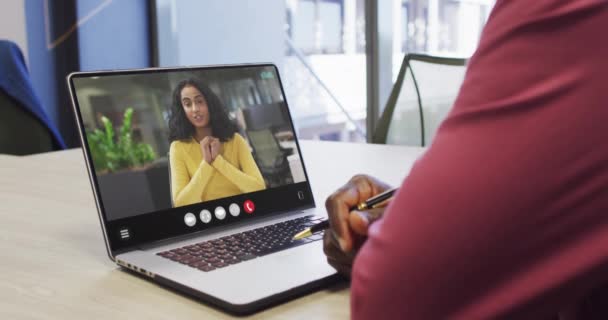 African American Man Using Laptop Video Call Business Colleague Screen — Αρχείο Βίντεο