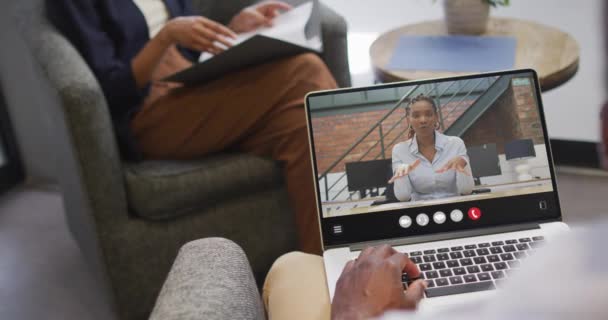 African American Man Using Laptop Video Call Business Colleague Screen — Stock videók