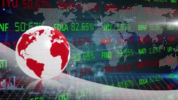 Animation Rotating Globe Trading Board Map Dots Interconnecting Lines Digitally — Stock video