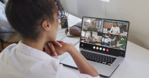 African American Woman Using Laptop Video Call Diverse Business Colleagues — Stockvideo