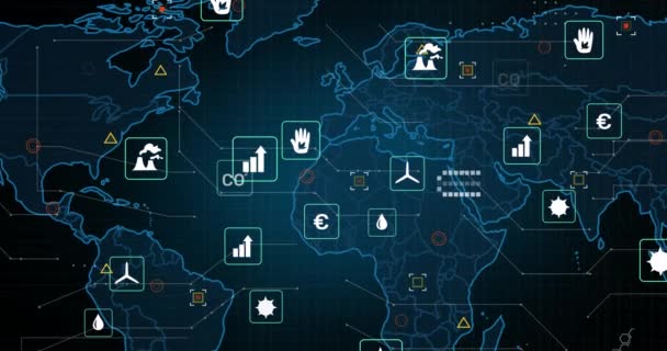 Animation Ecology Icons Data Processing Markers World Map Global Environment — Vídeo de Stock