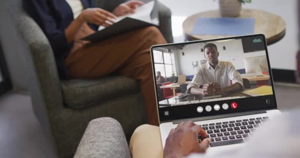 African American Man Using Laptop Video Call Business Colleague Screen — Stockvideo