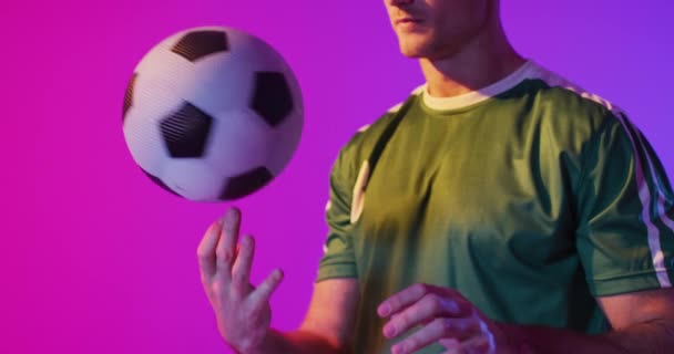 Caucasian Male Soccer Player Football Neon Pink Lighting Sport Movement — Video