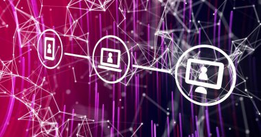 Image of connections and technology icons over lights on pink background. global internet, connections, communication and data processing concept digitally generated image.