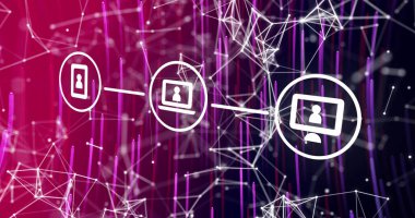 Image of connections and technology icons over lights on pink background. global internet, connections, communication and data processing concept digitally generated image.
