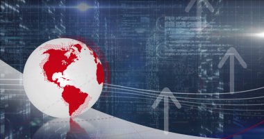 Image of spinning globe, arrow icons and data processing over screens of mosaic squares. Global networking and business data storage technology concept