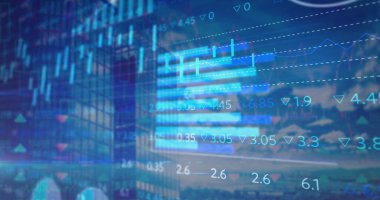 Modern bina üzerinde veri işleme görüntüsü. küresel iş, finans ve dijital arayüz kavramı dijital olarak oluşturulmuş görüntü.