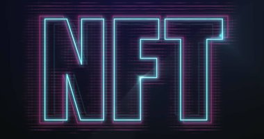Image of glowing neon blue and purple outlined nft text on black background. cryptocurrency, business and finance concept digitally generated image.