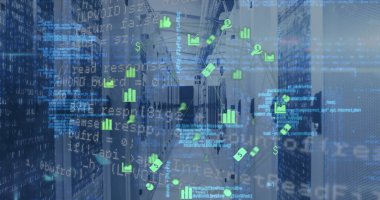 Image of globe of financial icons, profile icons and data processing over server room. Global finance and business data storage technology concept