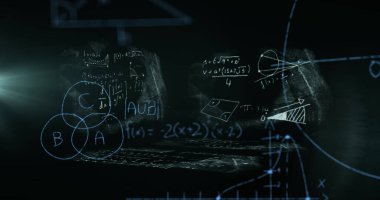 Image of scientific formulae over screens with data. global science, computing and data processing concept digitally generated image.