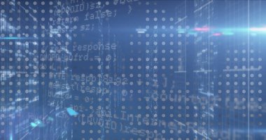 Image of data processing over screens of mosaic squares and light trails against blue background. Computer interface and business technology concept