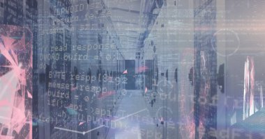 Image of data processing over connections, lights and servers. Network, connections, communication and technology concept digitally generated image.