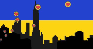 Image of hearts and city over flag of ukraine. ukraine crisis and international politics concept digitally generated image.