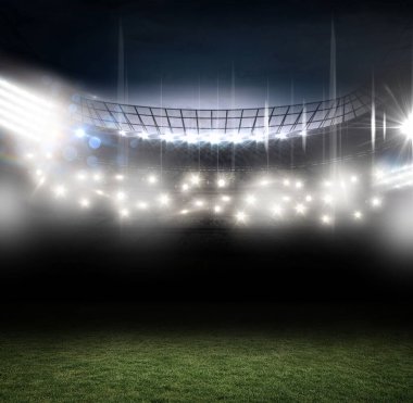 3d rendering of a rugby stadium against a spotlight with spotlights