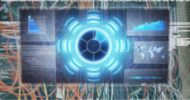 Sunucu odasında veri işleme resmi. küresel teknoloji ve dijital arayüz kavramı dijital olarak oluşturulmuş görüntü.