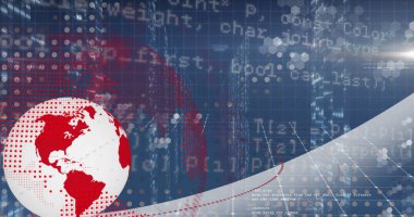 Image of spinning globe and data processing over grid network against blue background. Global networking and business technology concept