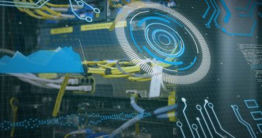 Sunucu odasında veri işleme resmi. küresel teknoloji ve dijital arayüz kavramı dijital olarak oluşturulmuş görüntü.