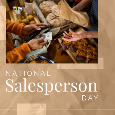 Composite of national salesperson day text and cropped hands of customer paying money to baker. Food, appreciation, honor, business, professional, celebration and holiday concept.
