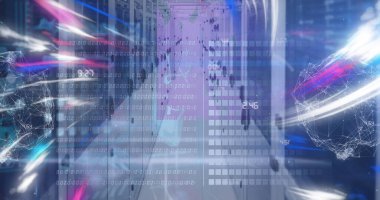 Image of digital waves, network of connections and data processing against computer server room. Global networking and business data storage technology concept