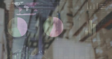 Depodaki paketlerin üzerinden finansal veri ve grafiklerin resmi. ticaret, dağıtım hizmetleri, ekonomi ve teknoloji dijital olarak üretilen imaj.