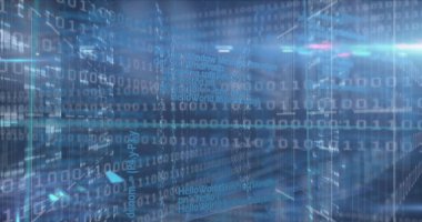 Image of binary coding data processing over screens of mosaic squares against blue background. Computer interface and business technology concept