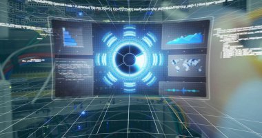 Beyaz kadının sunucu odasını incelediği veri işleme görüntüsü. küresel teknoloji ve dijital arayüz kavramı dijital olarak oluşturulmuş görüntü.