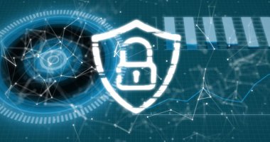 Image of connections, data and digital shield with padlock on green background. global internet security, connections and data processing concept digitally generated image.