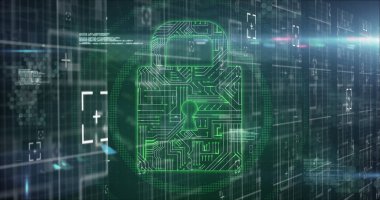 Dijital dosya ağı resmi ve veri işlemeli çevrimiçi güvenlik asma kilidi. küresel çevrimiçi güvenlik, veri işleme ve dijital arayüz kavramı dijital olarak oluşturulmuş görüntü.